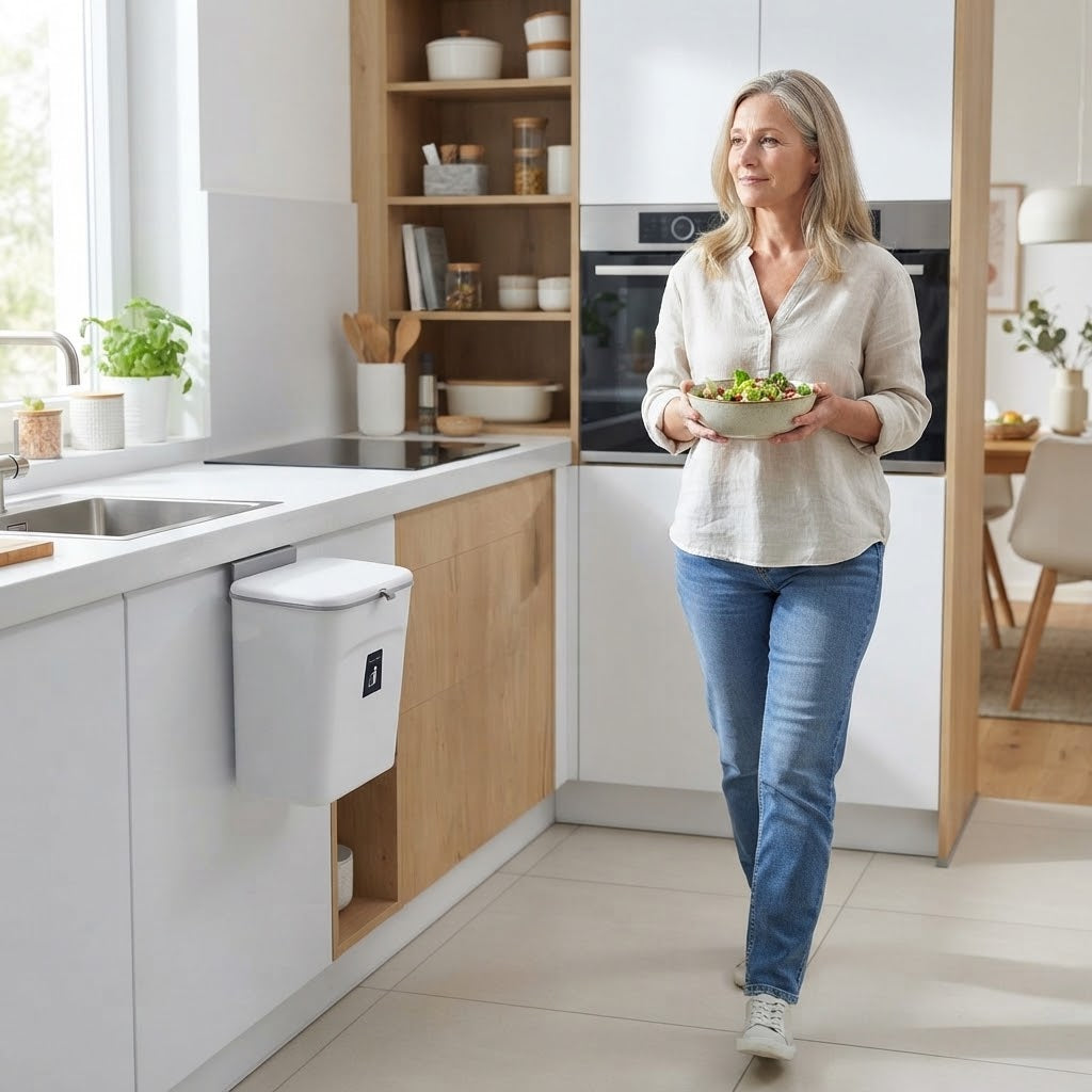Hanging kitchen trash bin with lid for cabinet doors