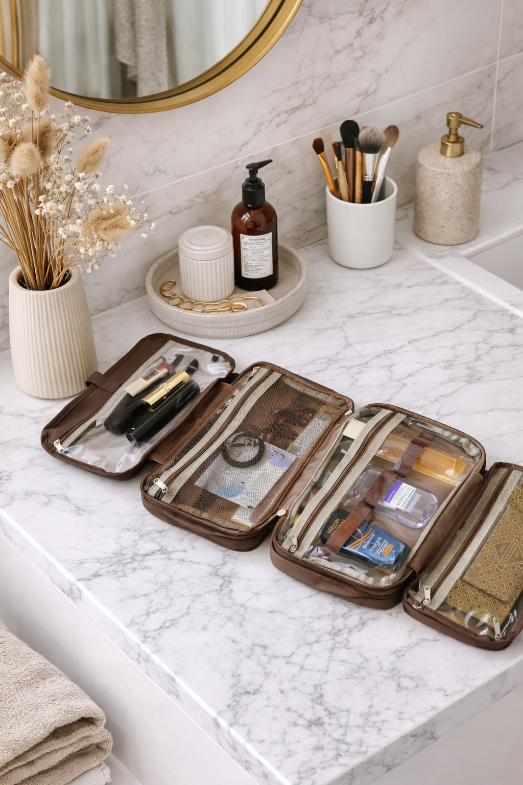 Travel toiletry bag with multiple compartments – Mocca Brown 28 cm