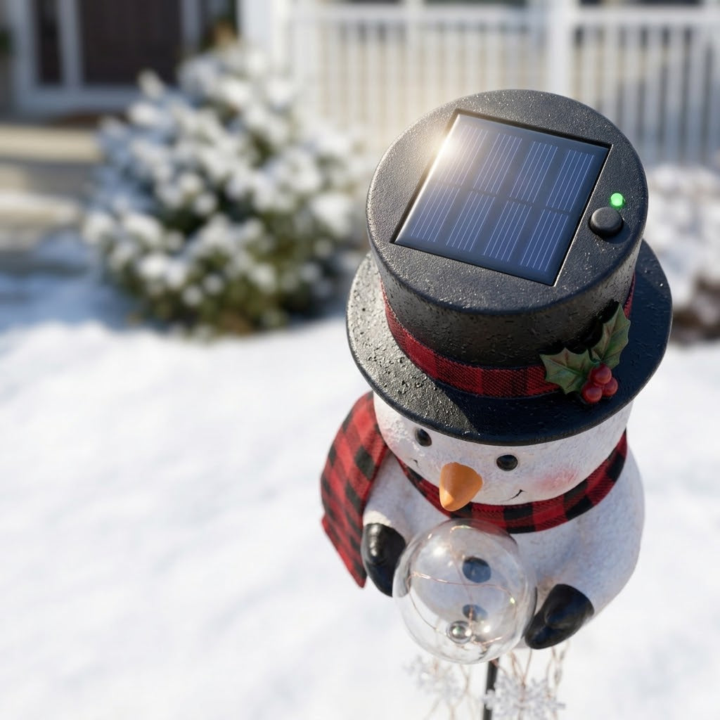Solar snowman garden stake with light-up globe & snowflake string lights, warm white