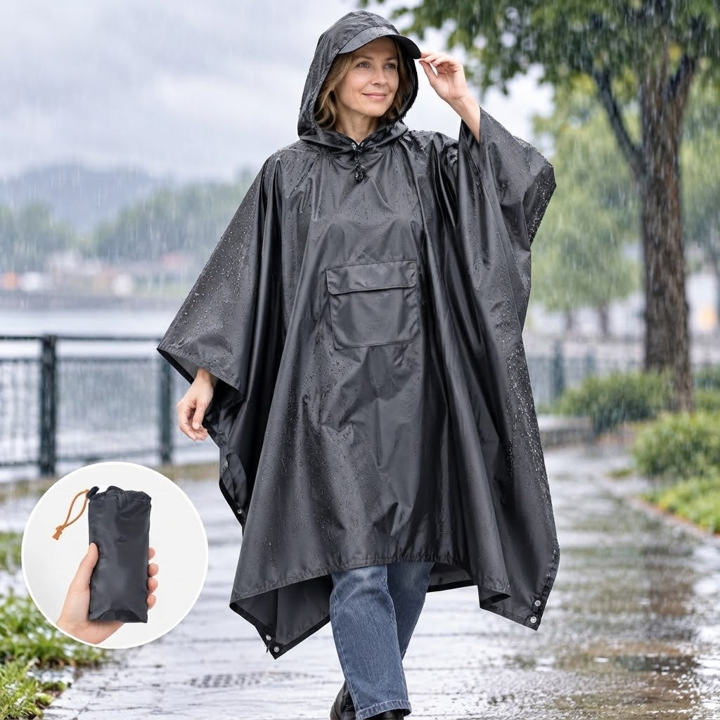 Regenponcho mit Kapuze und Fronttasche, faltbar – 210 × 140 cm
