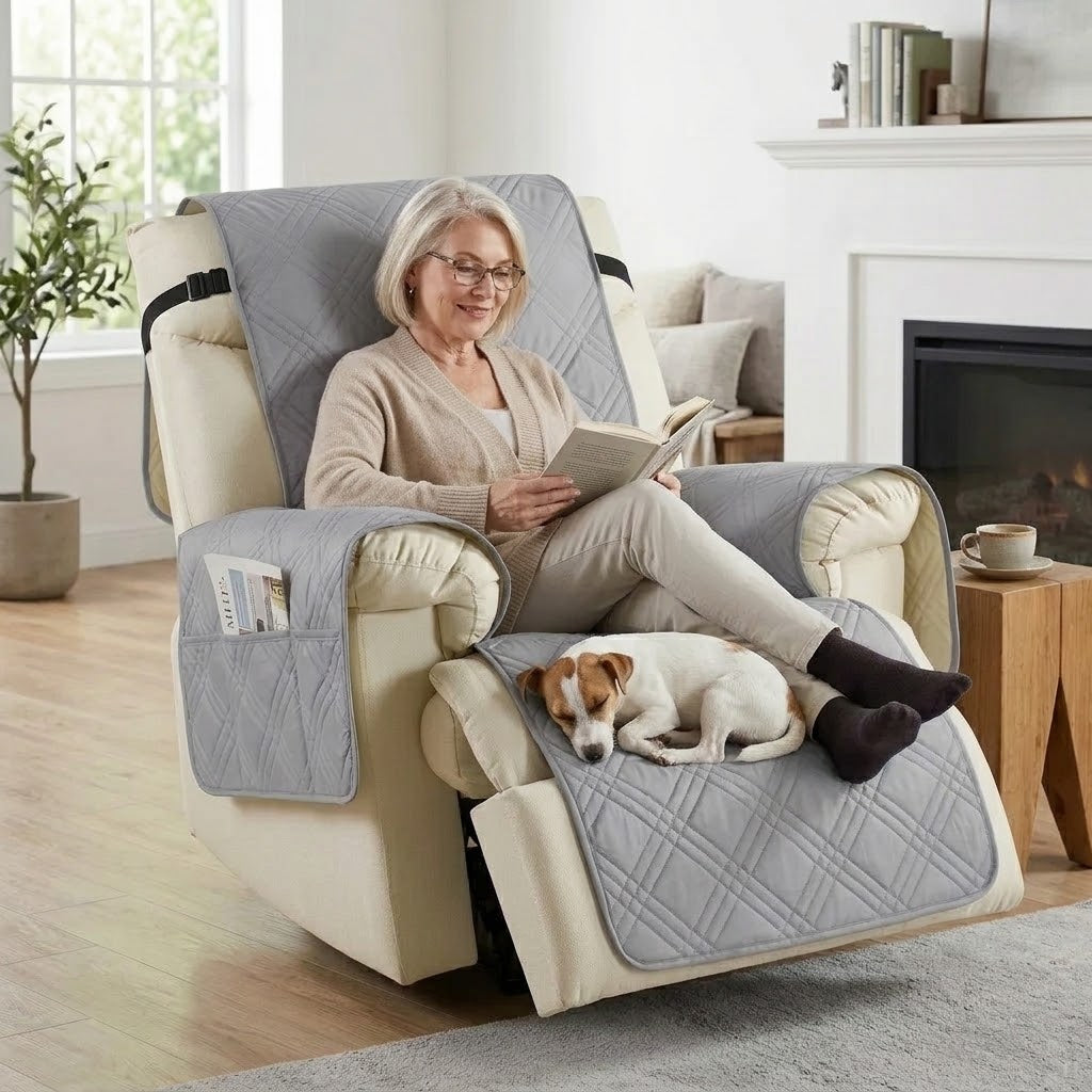 Sesselschoner für Relaxsessel mit 2 Seitentaschen, waschbar – 232 × 63 cm