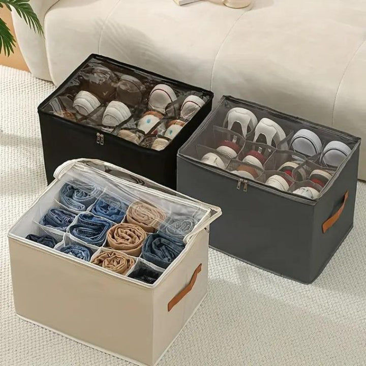 Foldable shoe organizer with leather handle & transparent lid