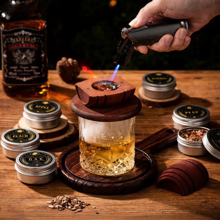 Cocktail smoker in whiskey barrel design — smoky aroma in 60 seconds