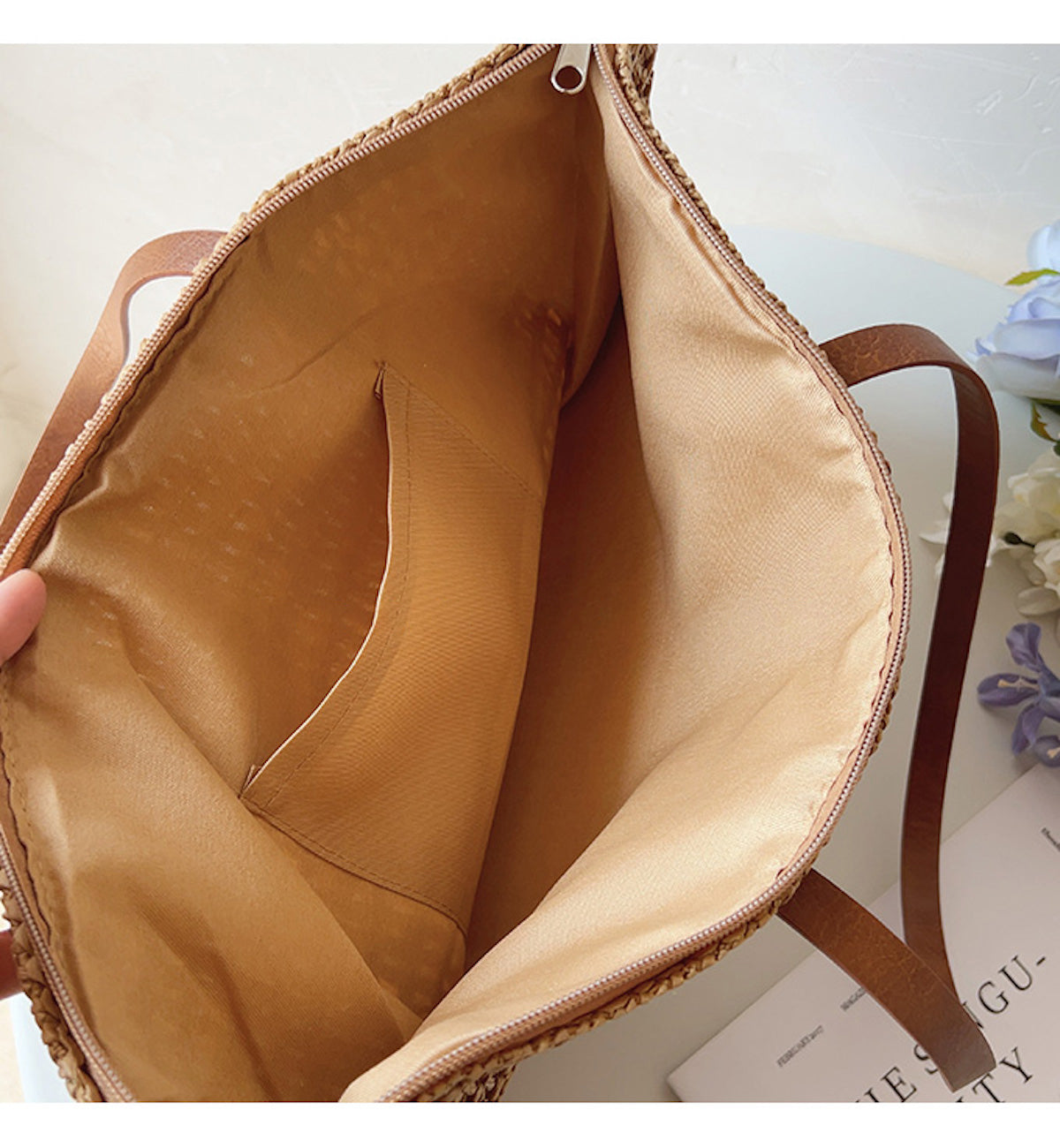 Woven basket bag with leather handles