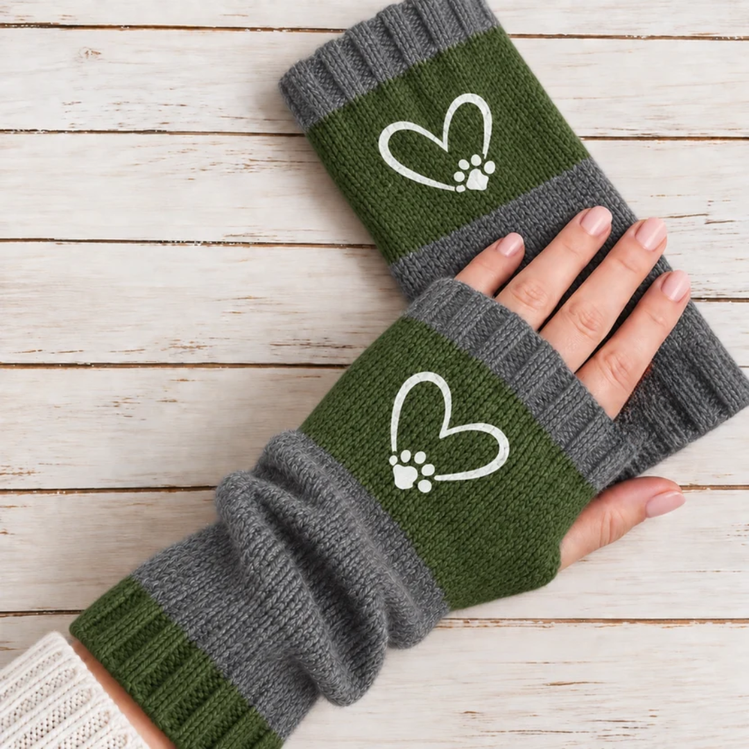 Strickhandschuhe fingerlos mit Herzmotiv