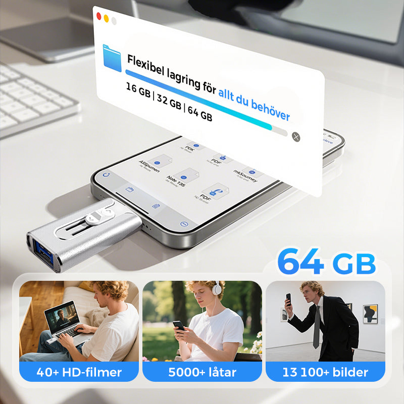 USB stick 4-in-1 with Lightning, USB-A, and USB-C connectors