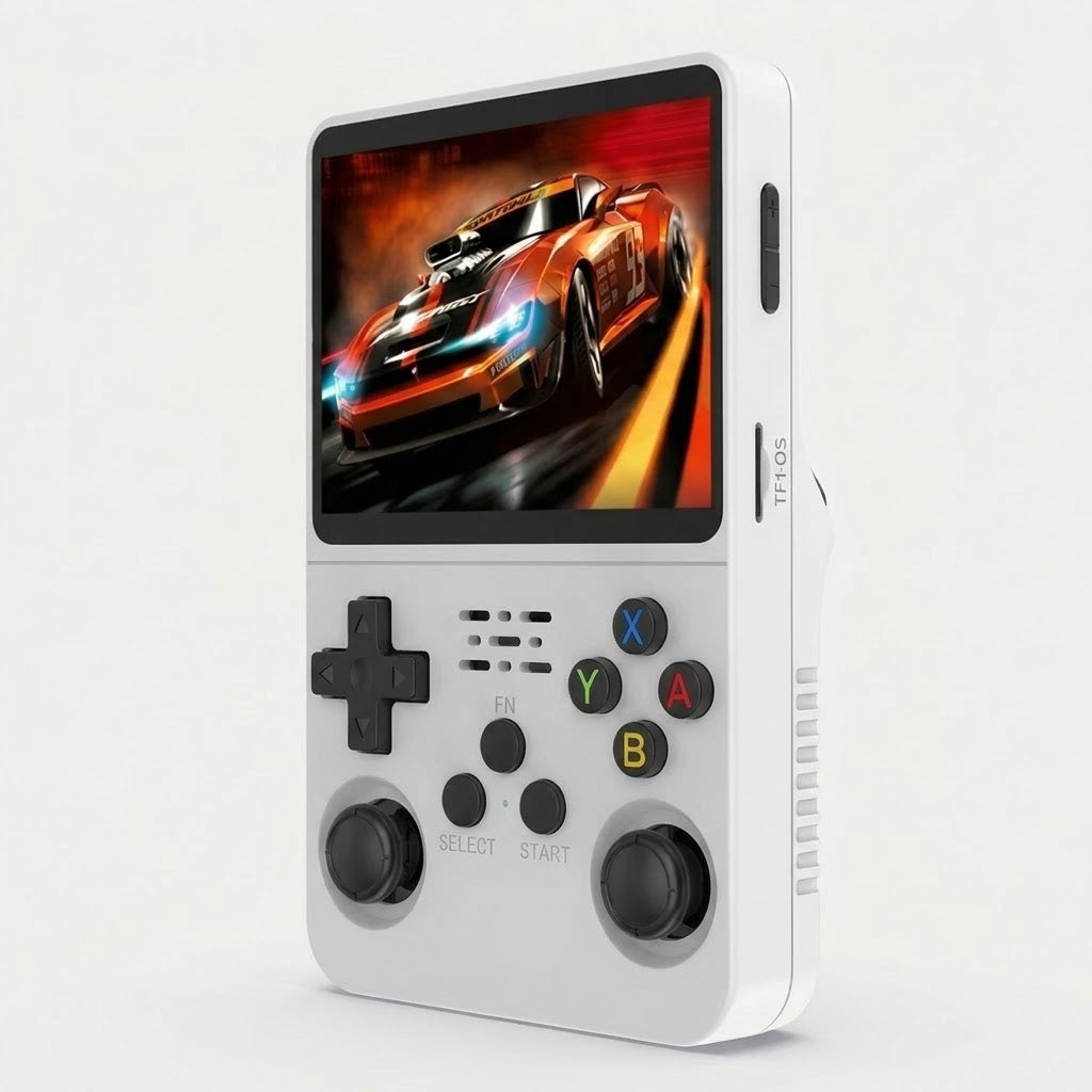 Retro handheld game console with 2 analog sticks, 640×480, in 5 colors