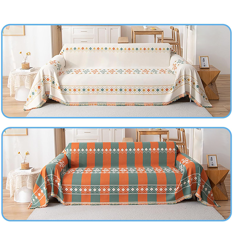 Sofaüberwurf Chenille mit Fransen – Wendbar, geometrisches Muster