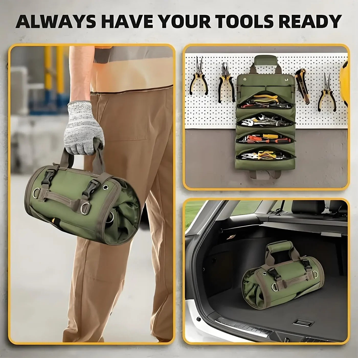 Werkzeugrolle Textil mit mehreren Taschen – Rollbar und Tragegriff