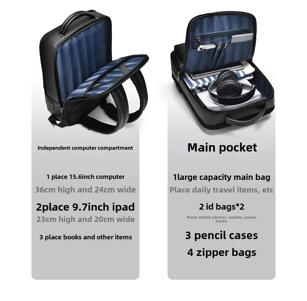 Leather backpack with USB charging port for 15.6-inch laptop