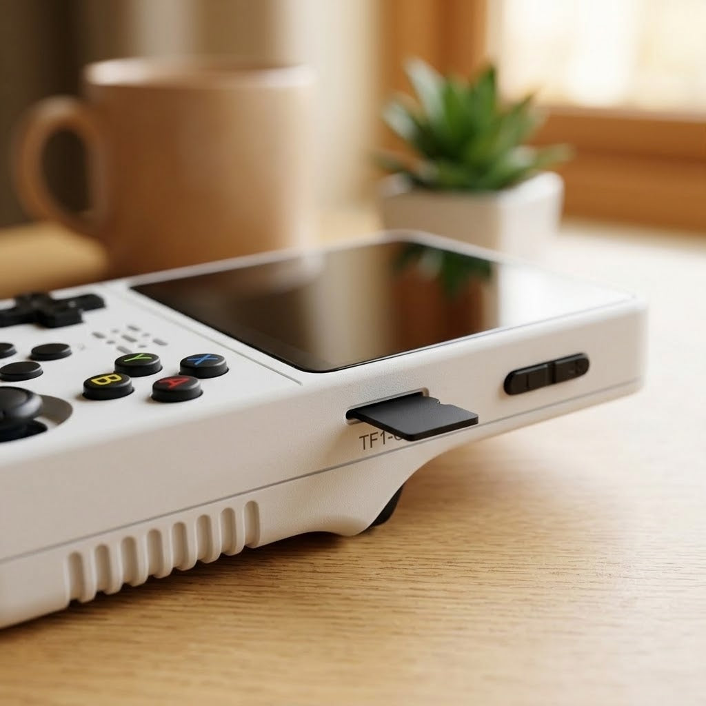 Retro handheld game console with 2 analog sticks, 640×480, in 5 colors