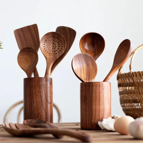 Teak Kitchen Utensil Set – 9 Pieces with Holder & Spoon Rest