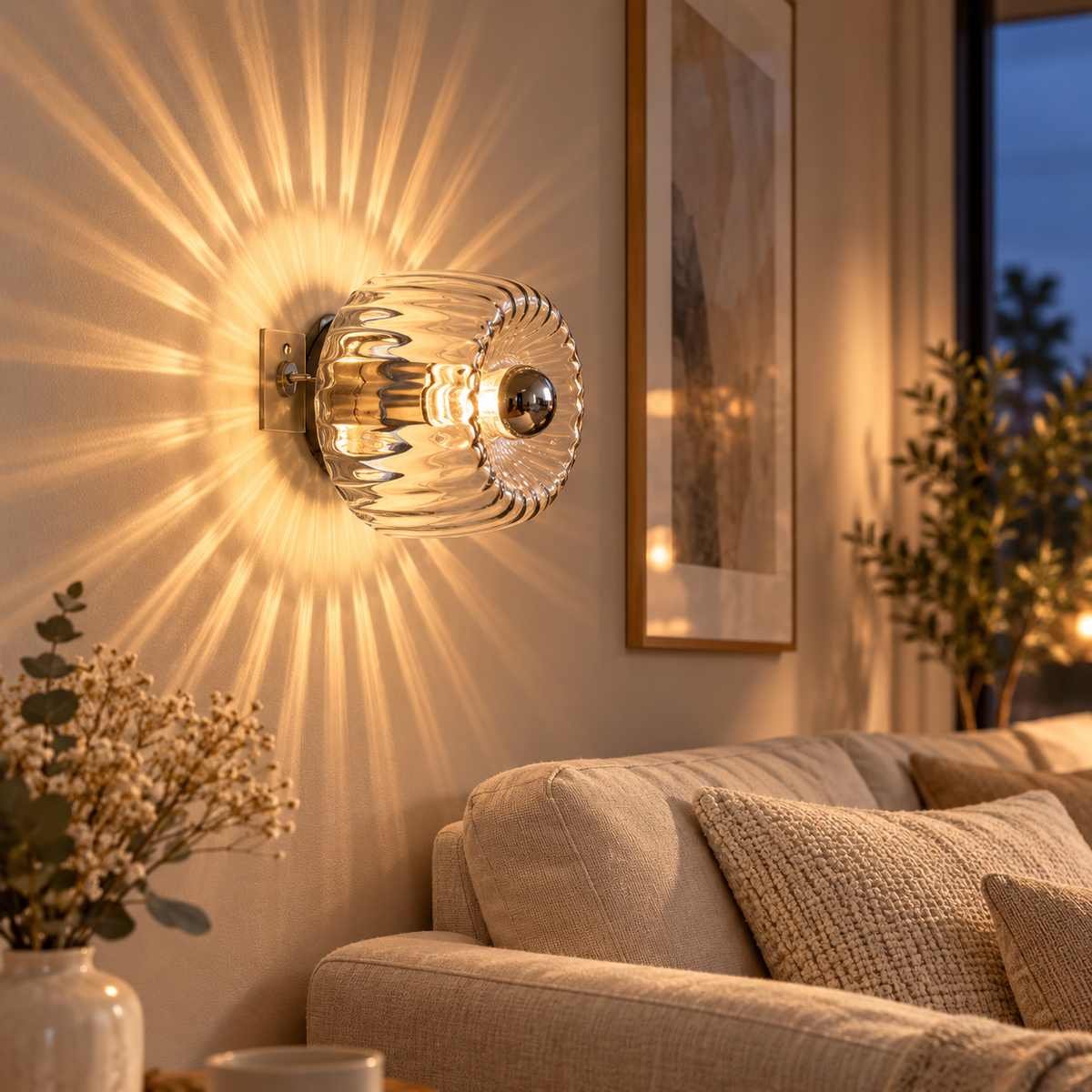 Wandlampe Glas Bauhaus-Stil mit Sunburst-Lichteffekt