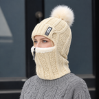 Knitted hat with scarf and fur pom-pom – Windproof for cold days