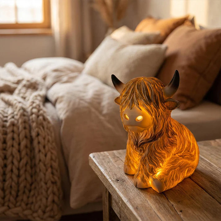 Highland Cow Night Light made of Resin – Decorative Lamp with Warm Amber Light