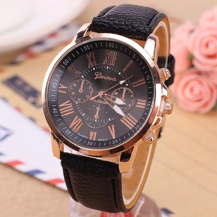 Damenuhr mit echtem Lederarmband, römischem Zifferblatt und Datumsanzeige, Ø 42 mm