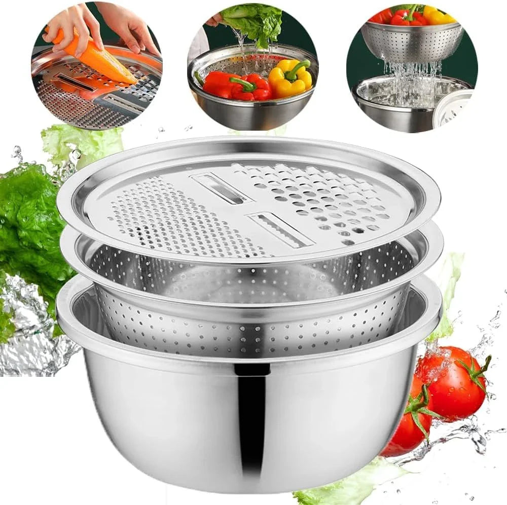 Stainless Steel Bowl Set with Grater and Sieve – 3 in 1