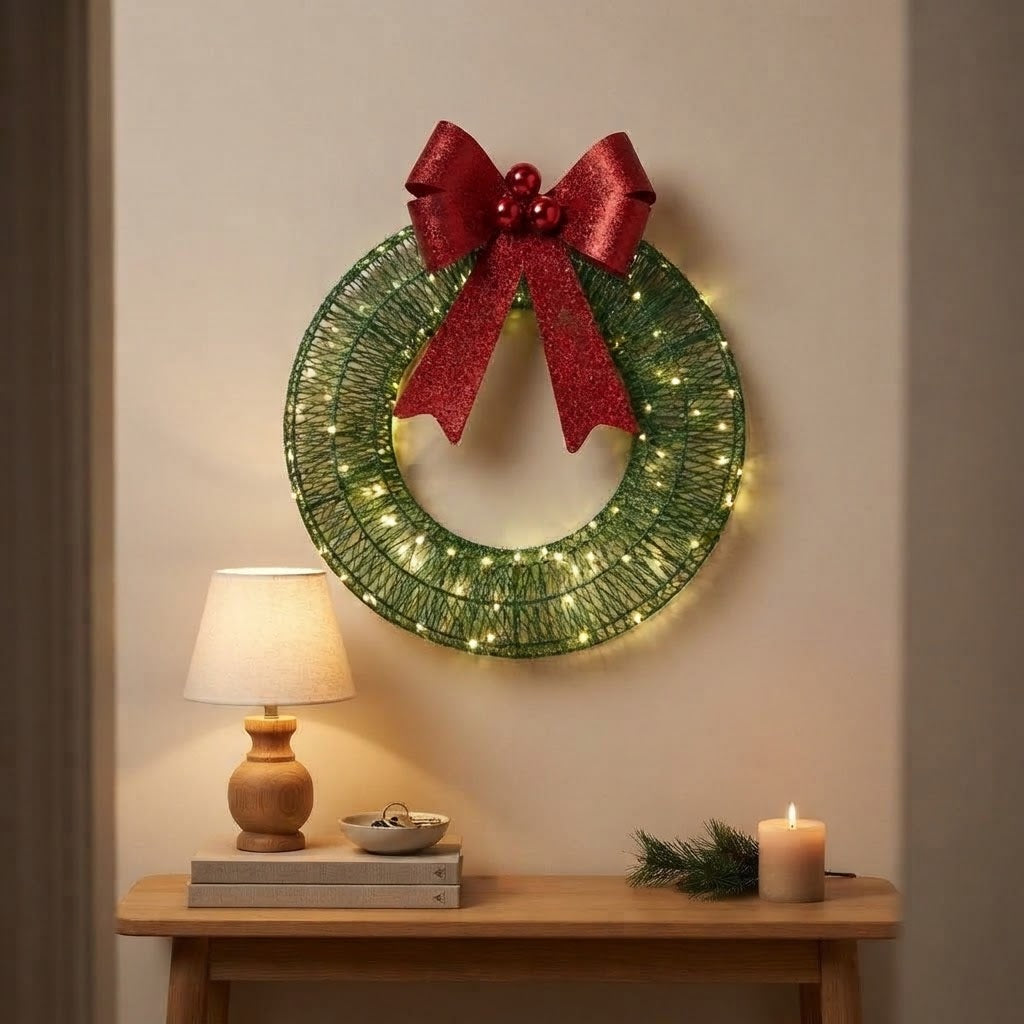 LED-Weihnachtskranz beleuchtet mit roter Schleife – batteriebetrieben für Innen, in Grün oder Gold