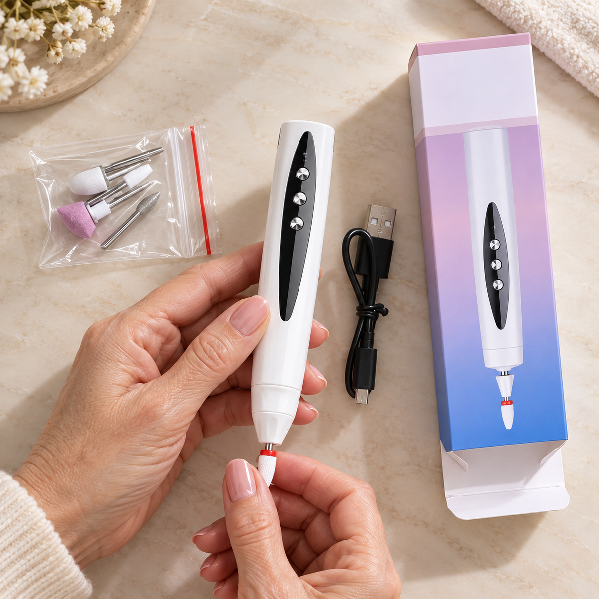 Elektrischer Nagelfeile-Set mit 4 Aufsätzen