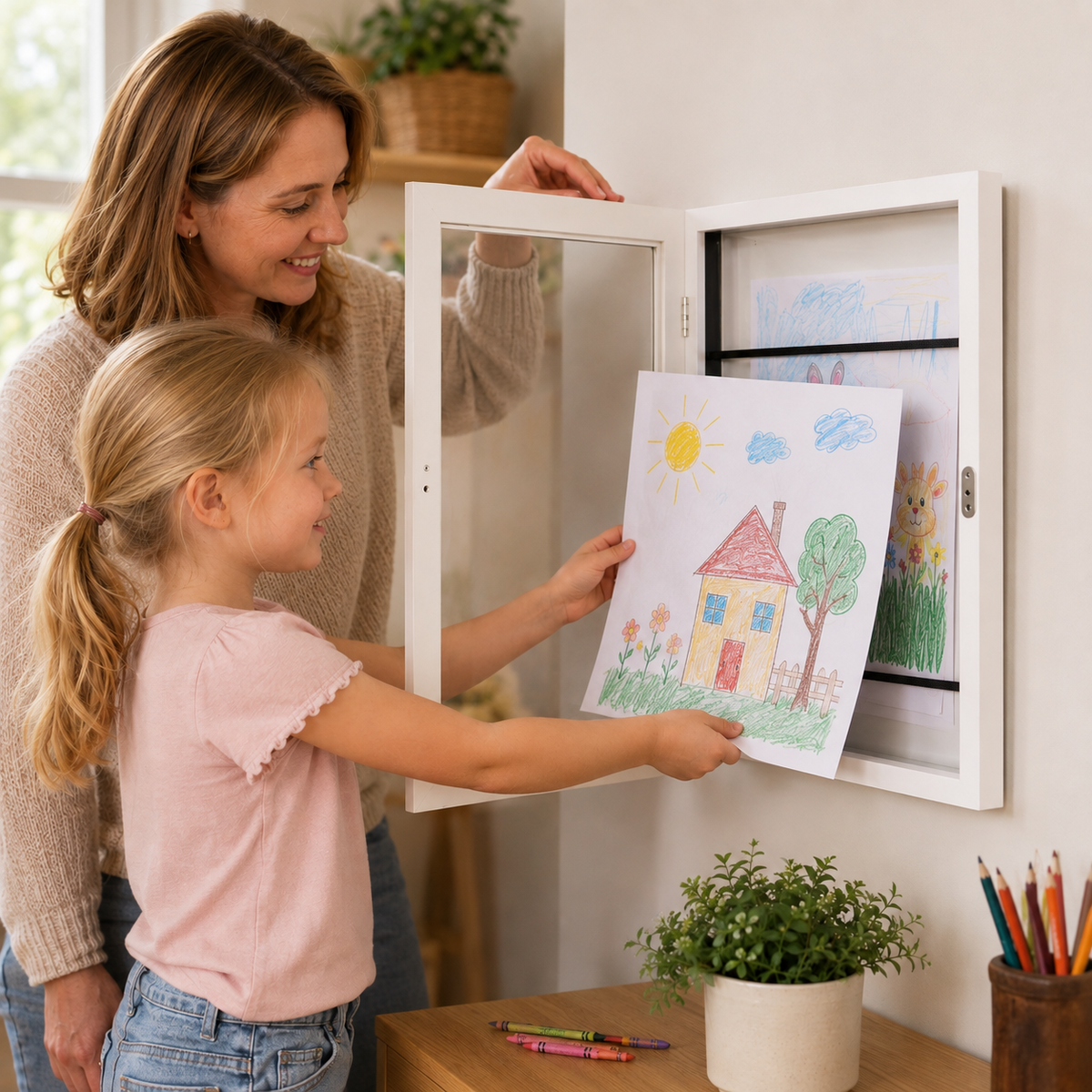 Bilderrahmen für Kinderzeichnungen aus Holz mit Wechselfunktion, A4