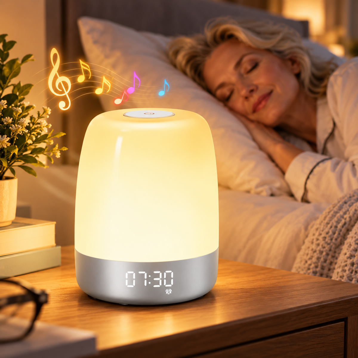 Nachttischlampe mit Wecker und Farbwechsel-Licht