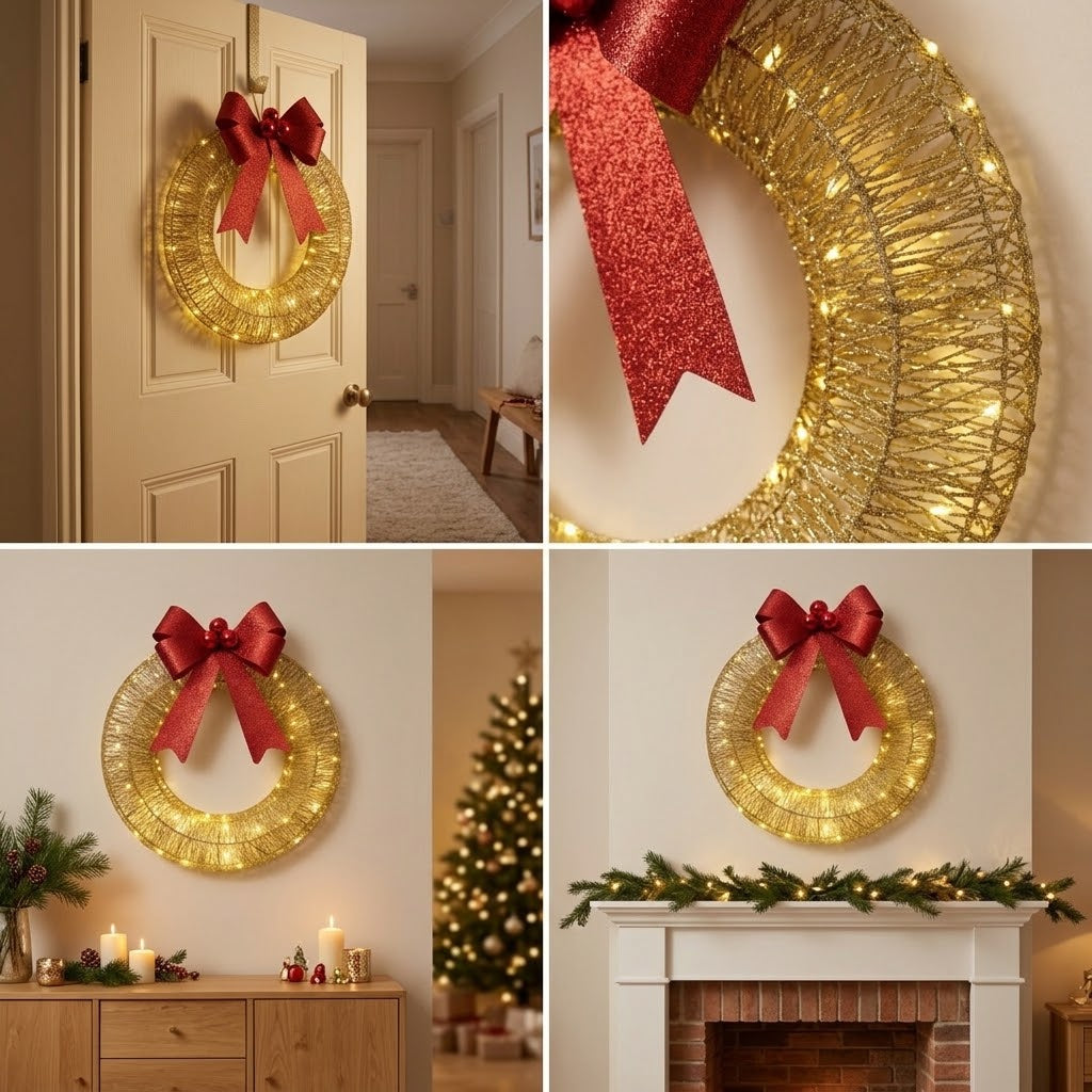 LED-Weihnachtskranz beleuchtet mit roter Schleife – batteriebetrieben für Innen, in Grün oder Gold
