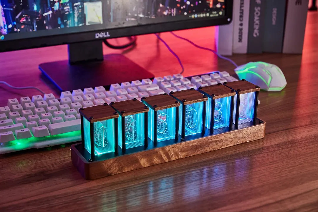 LED table clock in Nixie style with wooden base and RGB light