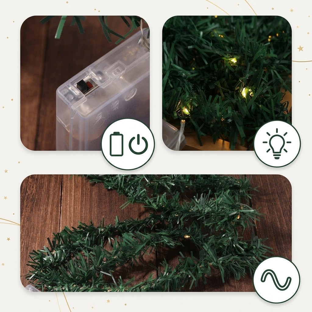 Wall-mounted Christmas tree with LED string lights – DIY fir garland, warm white, battery-operated