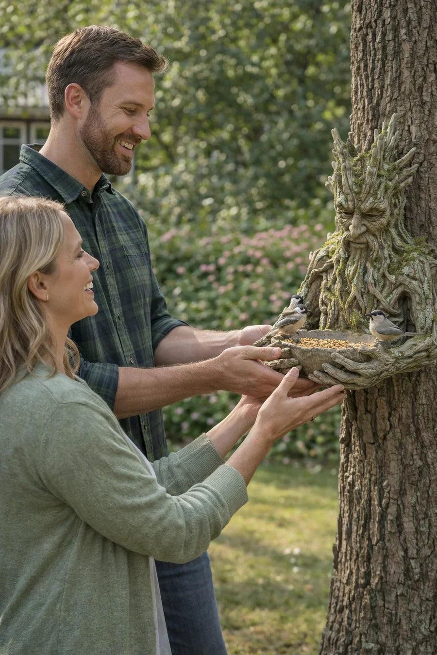 Baumgesicht-Vogelfutterstelle mit Schale – Wetterfest