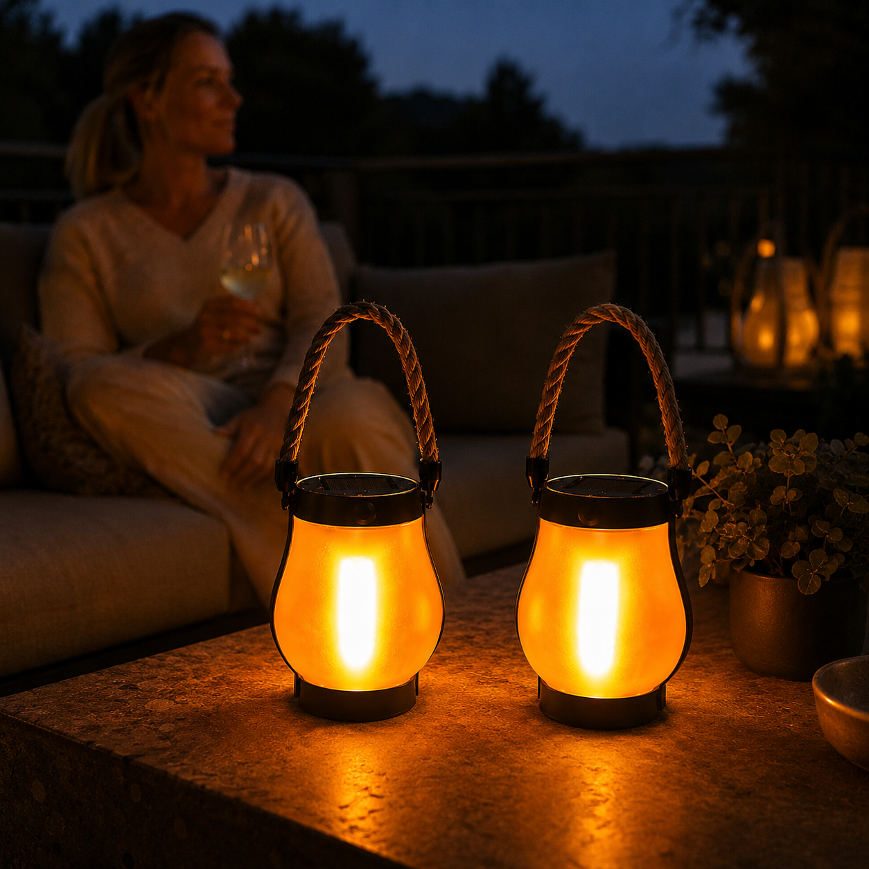 Solar flame lantern with real flicker effect — mood lighting for garden & terrace
