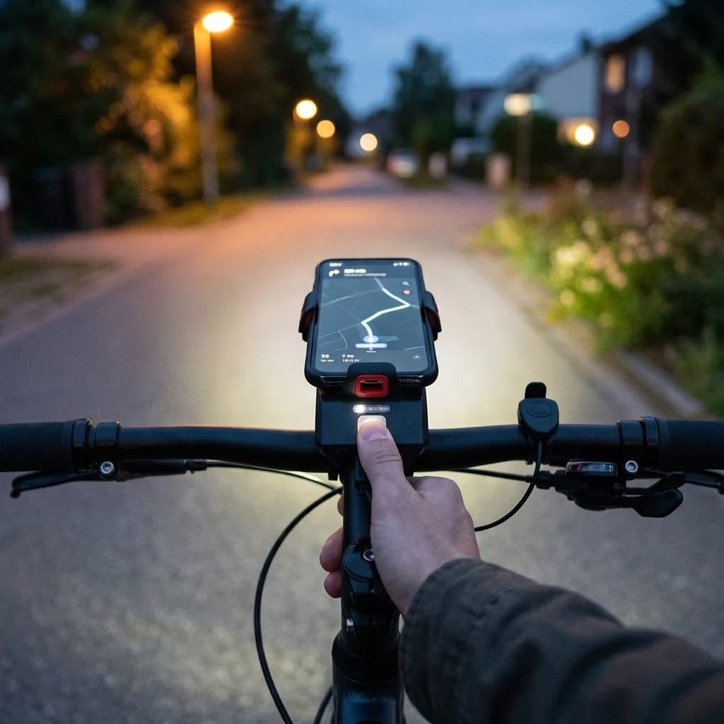 4-in-1 Fahrradlampe mit Handyhalterung, Powerbank und Hupe – USB aufladbar, IPX4