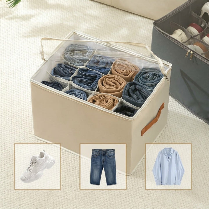 Foldable shoe organizer with leather handle & transparent lid