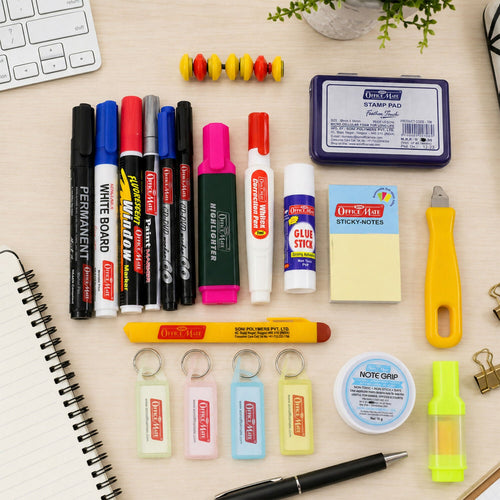 Complete 20-piece office set with pens and adhesive accessories