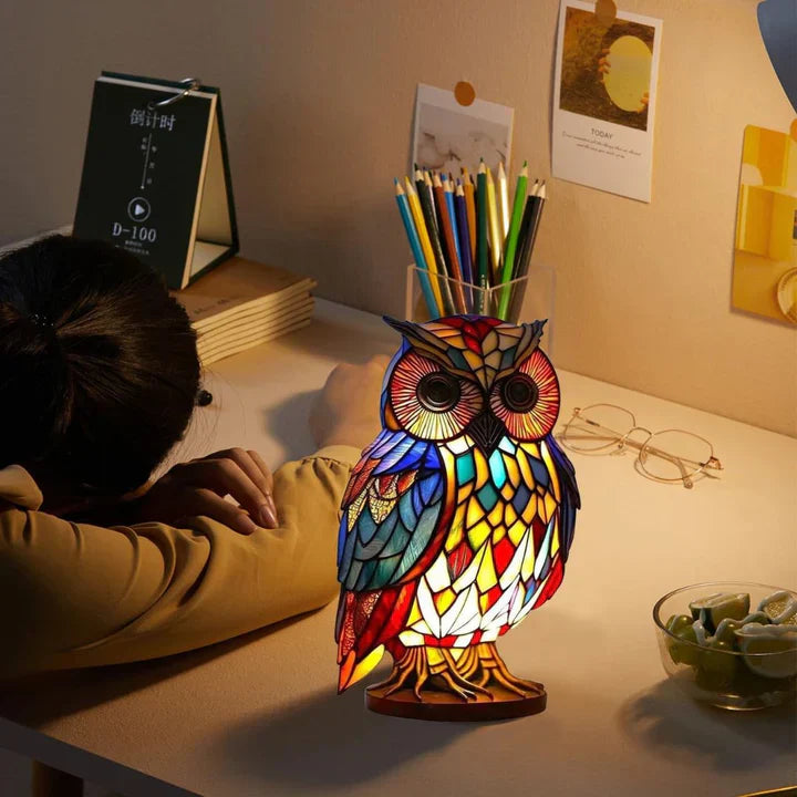 Tischlampe Uil Buntglas – warmweißes LED-Licht für Wohnzimmer