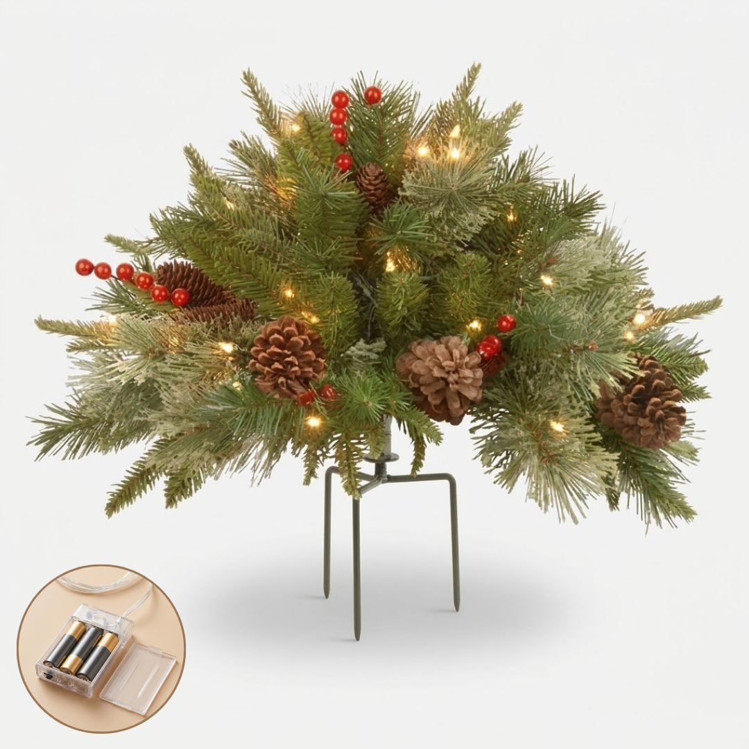 Weihnachtsgesteck beleuchtet mit Tannenzapfen & Beeren, Dreibein-Stab, 45 x 68 cm