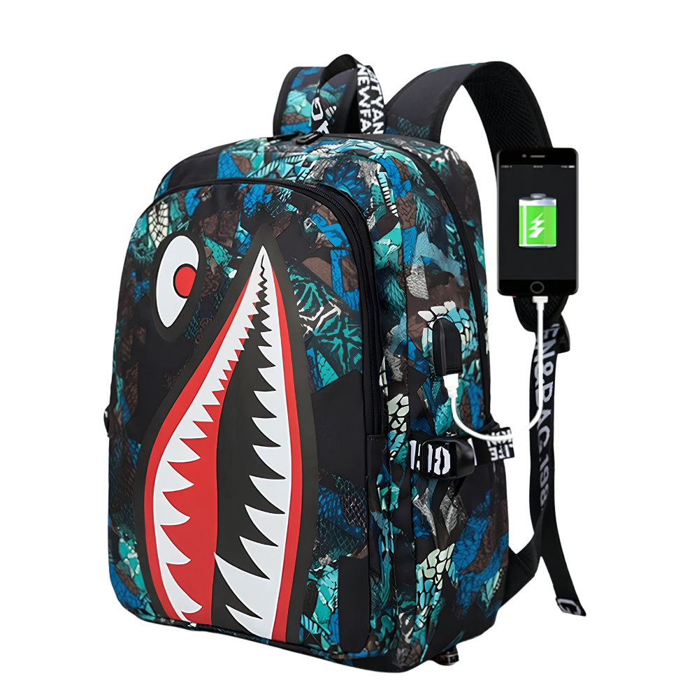 Kinder-Rucksack Hai-Motiv mit USB-Anschluss