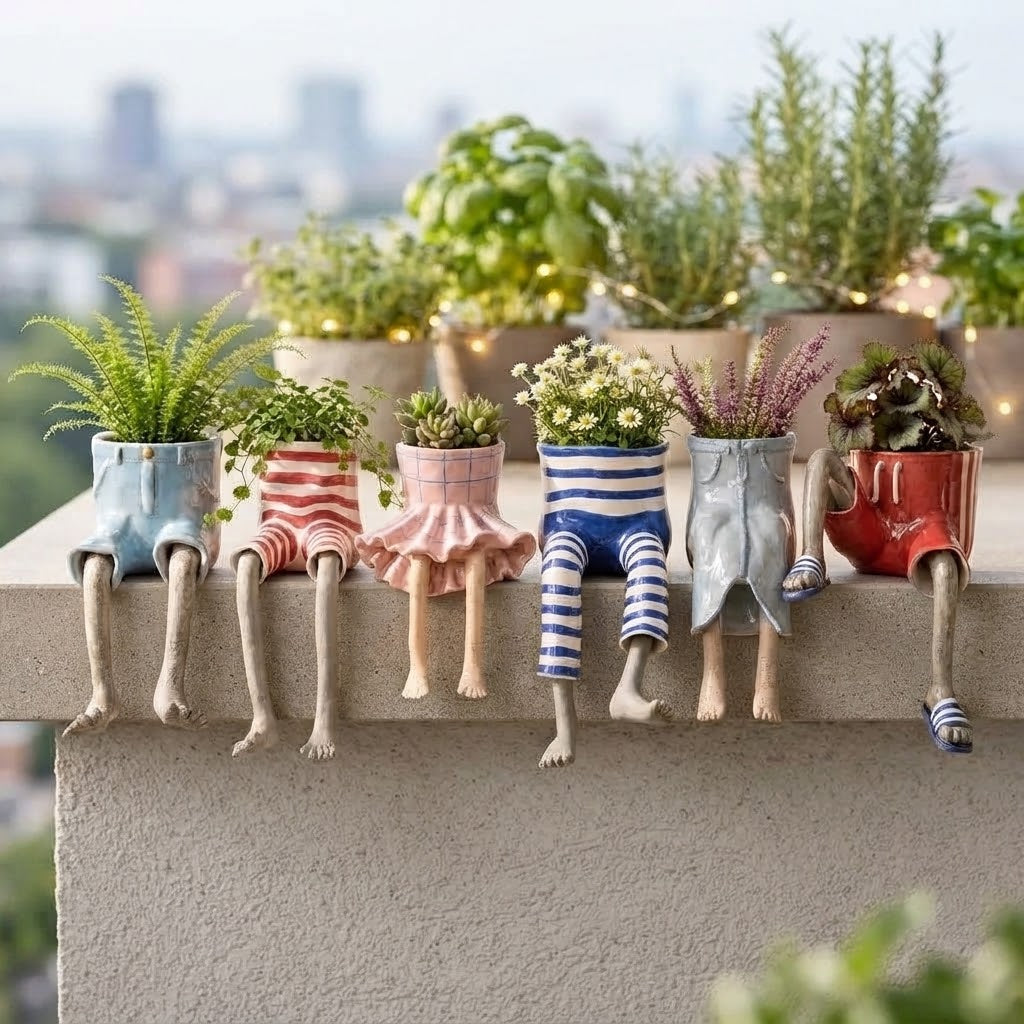 Mini flower pot with sitting legs for table, wall, and shelf edges, polyresin, hand-painted, 6 × 12 × 10 cm
