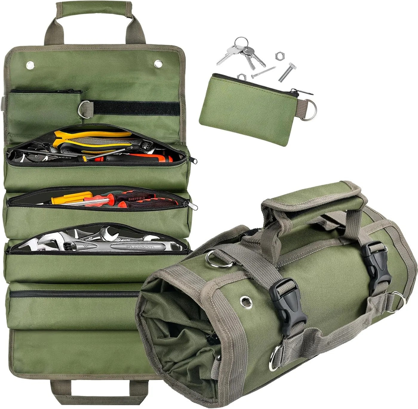 Werkzeugrolle Textil mit mehreren Taschen – Rollbar und Tragegriff