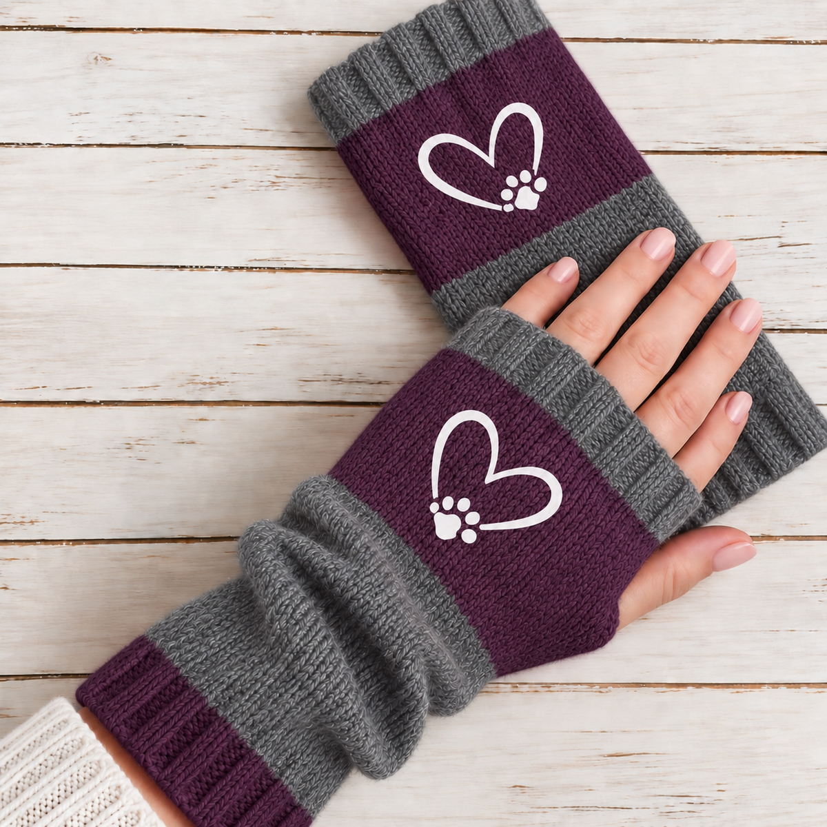Strickhandschuhe fingerlos mit Herzmotiv