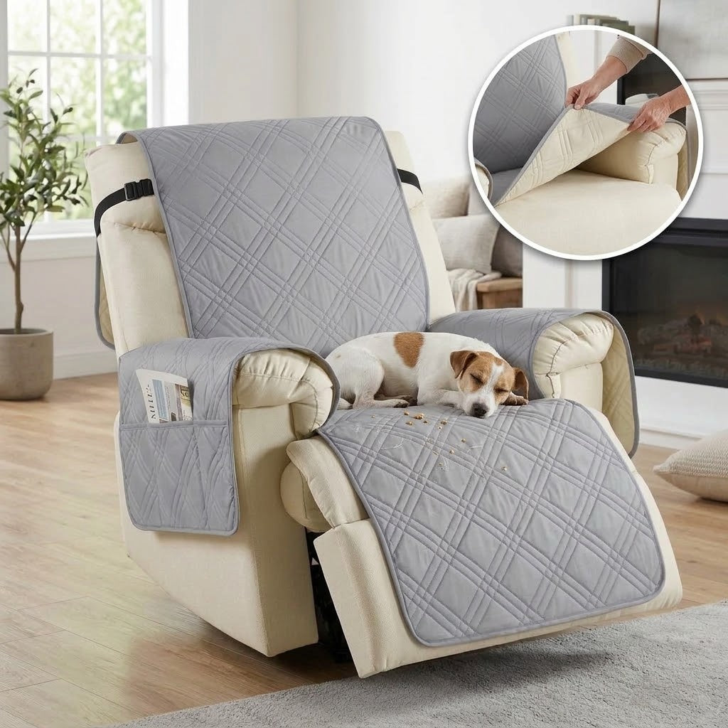Sesselschoner für Relaxsessel mit 2 Seitentaschen, waschbar – 232 × 63 cm
