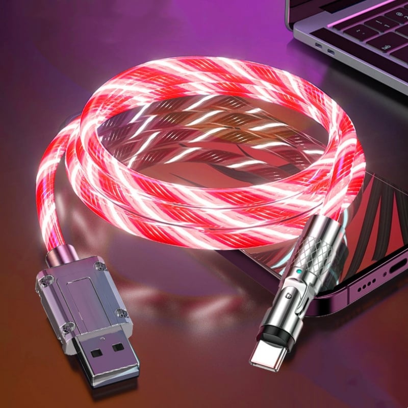 USB charging cable with 540° rotating connector and LED lighting