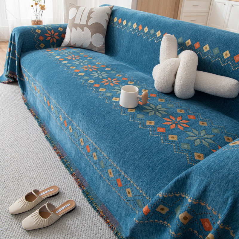 Chenille Sofa Cover with Fringes – Reversible, Geometric Pattern