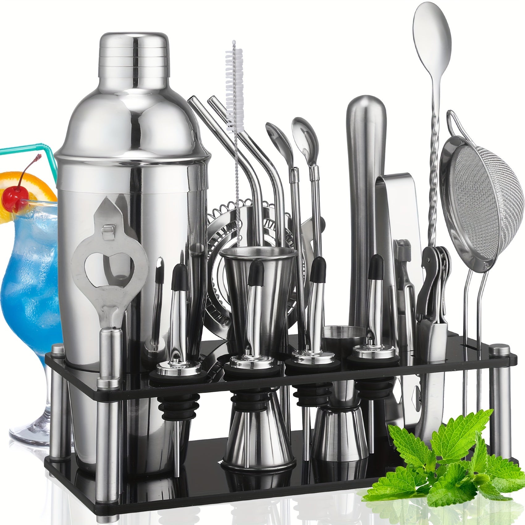 Stainless Steel Cocktail Set with 20 Bar Tools and Acrylic Stand
