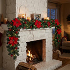2.7 m LED Christmas garland with fir branches, poinsettias & baubles