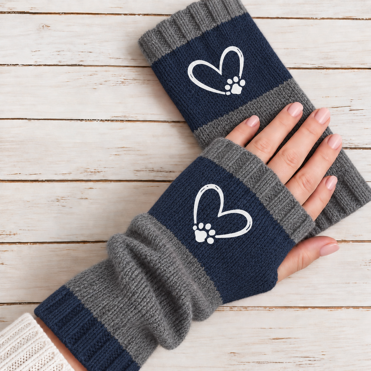 Strickhandschuhe fingerlos mit Herzmotiv