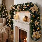 2.7 m LED Christmas garland with fir branches, poinsettias & baubles