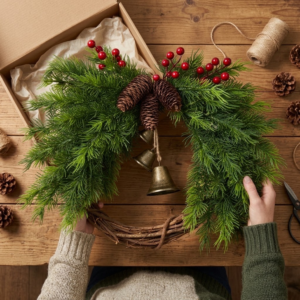 Country-style Christmas wreath with pinecones, berries, and bells, approx. 45 cm