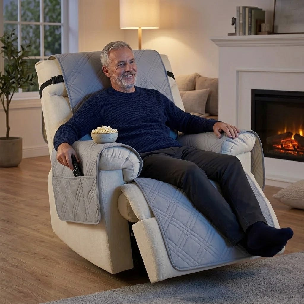 Sesselschoner für Relaxsessel mit 2 Seitentaschen, waschbar – 232 × 63 cm