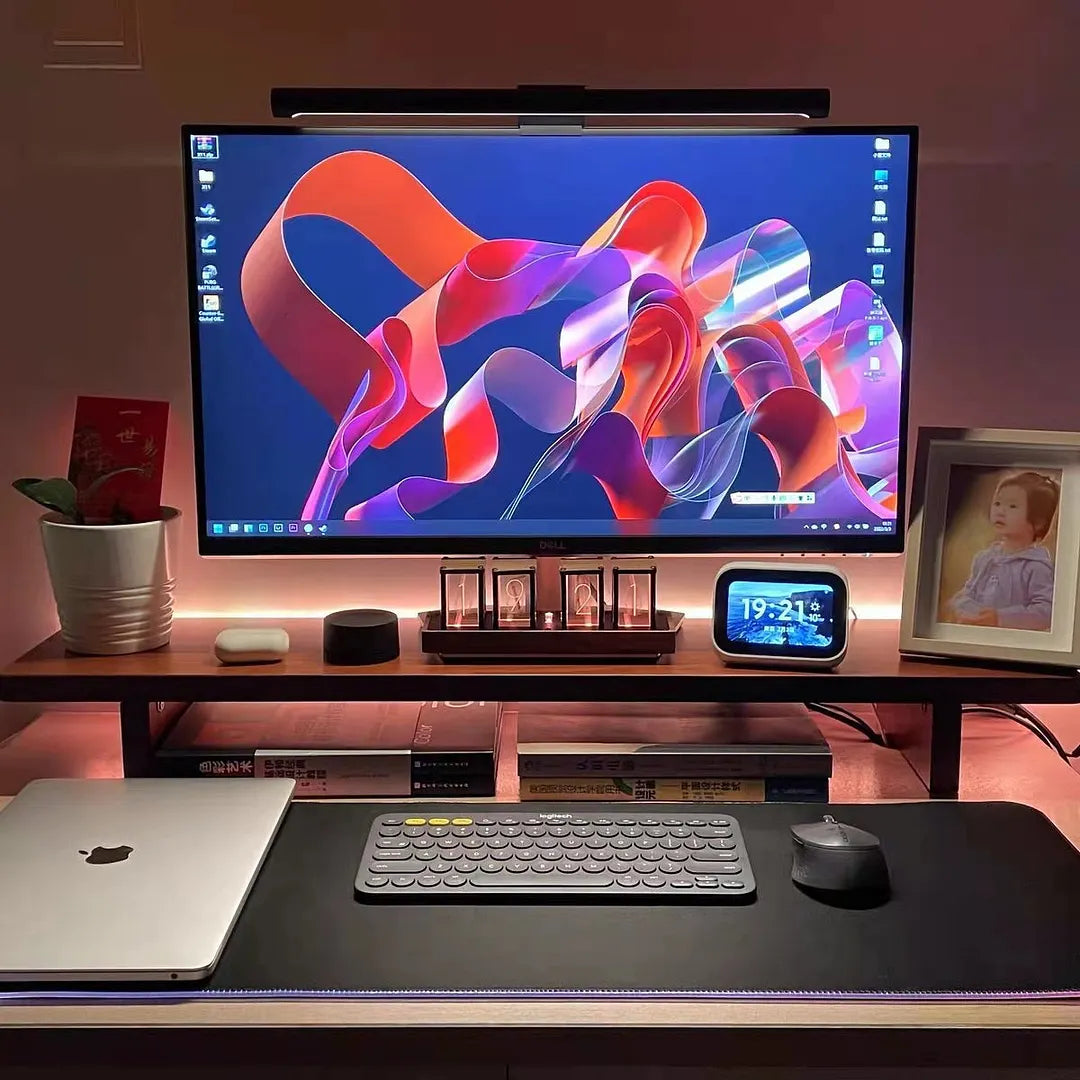 LED table clock in Nixie style with wooden base and RGB light