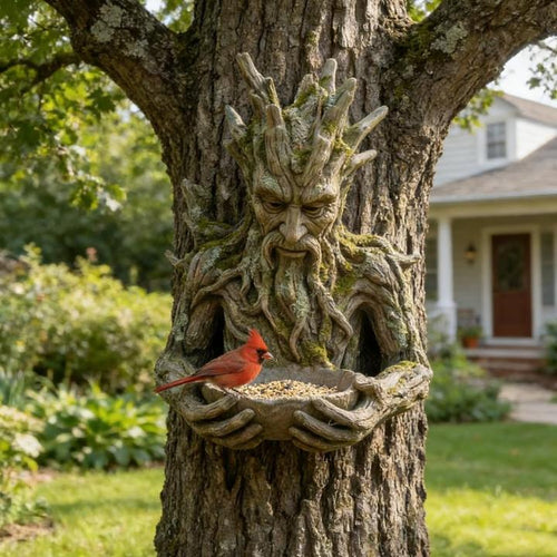 Tree-face bird feeder with bowl, resin, weather-resistant, 13.5 cm